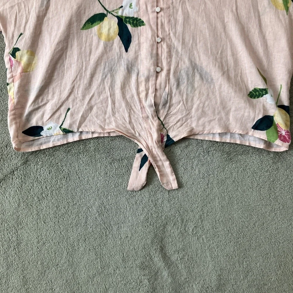 Rails Top Womens Large Pink Floral Lemon Linen Blend Tie Up Beachy Coastal‎